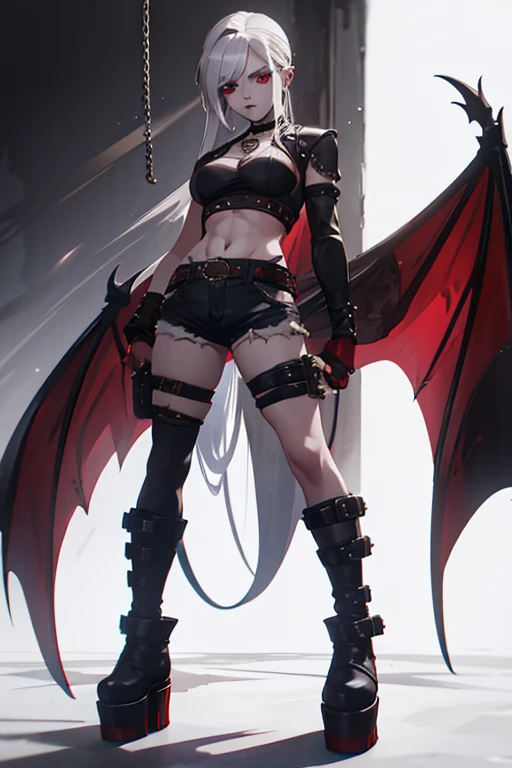 me gere uma imagem de uma garota demonio de cabelo curto branco , wearing gothic clothes and platform boots, em estilo anime, make her have gray skin and red eyes, bat wings plus I want her to wear black denim shorts with a leather belt and chains attached to it. I also want her to wear a spiked choker and a leather jacket with a black top. I want her to have black steel gauntlets and be a little muscular