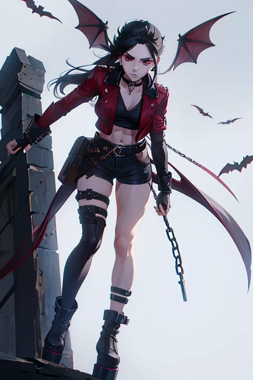 me gere uma imagem de uma garota demonio de cabelo curto branco , wearing gothic clothes and platform boots, em estilo anime, make her have gray skin and red eyes, bat wings plus I want her to wear black denim shorts with a leather belt and chains attached to it. I also want her to wear a spiked choker and a leather jacket with a black top. I want her to have black steel gauntlets and be a little muscular