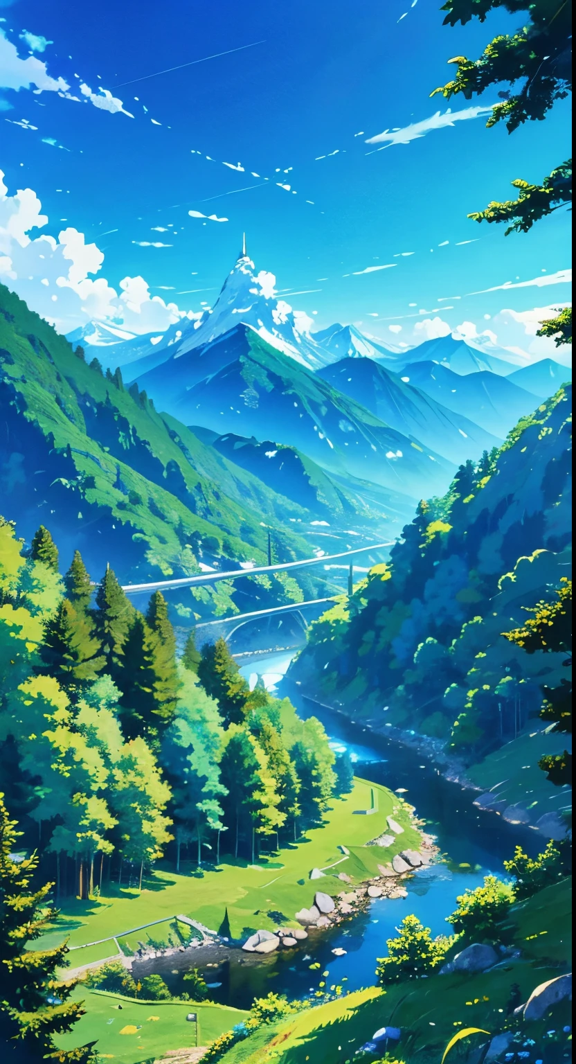 anime inspired greenery alps with bright blue sky