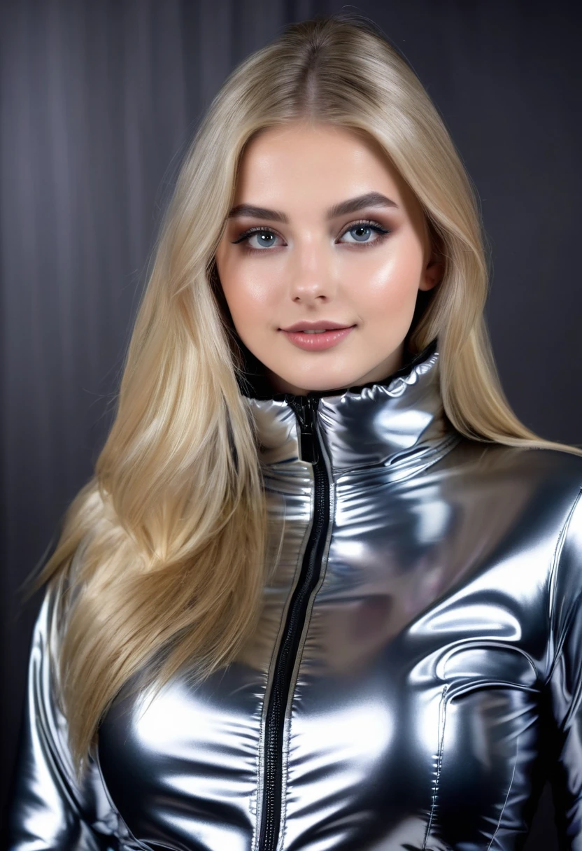 hyperrealistic beautiful 18-year-old women in shiny black-silver puffer jacket latex catsuit, model shooting photography, very long blonde straight hair, dark eye makeup with eyeliner, seductive smile, flashing , 8K, best quality, Meisterwerk, ultra high resolution, (Realismus: 1.4), Originalfoto, (realistische Hautstruktur: 1.3), (Filmkorn: 1.3), (Selfie-Winkel), 1 girl, Beautiful eyes and facial details, Meisterwerk, best quality,