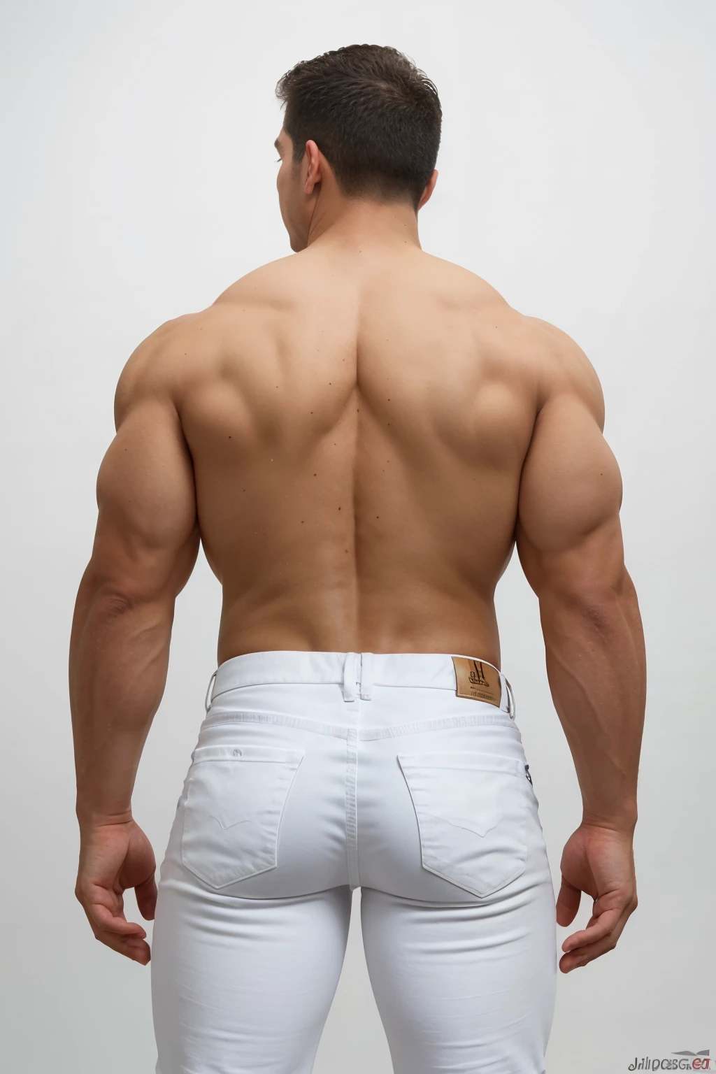 1male, realista, Julio Rocha, cuerpo completo, Big muscular body, white jeans backside