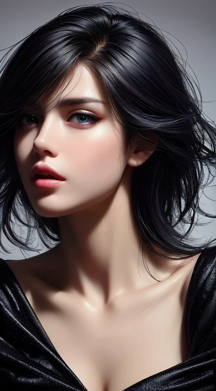 masterpiece, best quality, ultra-detailed, facing the camera head on, intricately detailed hyperdetailed, realistic, sharp features, highly detailed, sharp focus, perfect face, perfect face, perfect symmetrically perfect eyes, perfect full lips, flexible female form, cinematic, film light, hyper detailed, hyper realistic, masterpiece, atmospheric, high resolution, vibrant, dynamic studio lighting, nsfw, ((Dark background)), Sexy face, Facial expressions when receiving pleasure, straight Bangs, Big breasts, Exposed cleavage, blue Eyes,black sweater,