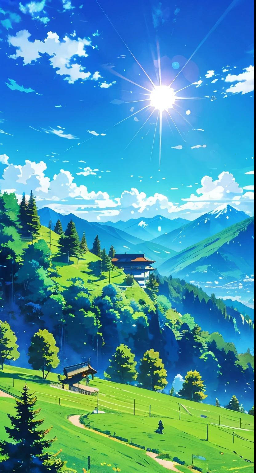 anime inspired greenery alps with bright blue sky and bright sun