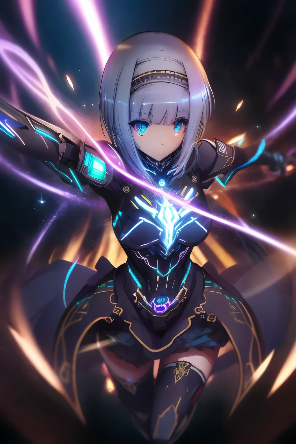 (best quality,highres:1.2), detailed fantasy art, serious expression, robot-like eyes, fighting stance, linze siloueska, isekai ea smartphone to tomo ni, in another world whit my smartphone, el cabello es celeste, los ojos son de robot, detailed fantasy art, postura de lucha, cuerpo completo, red lens flare, It&#39;s night and there is black lightning in the sky, she is jumping