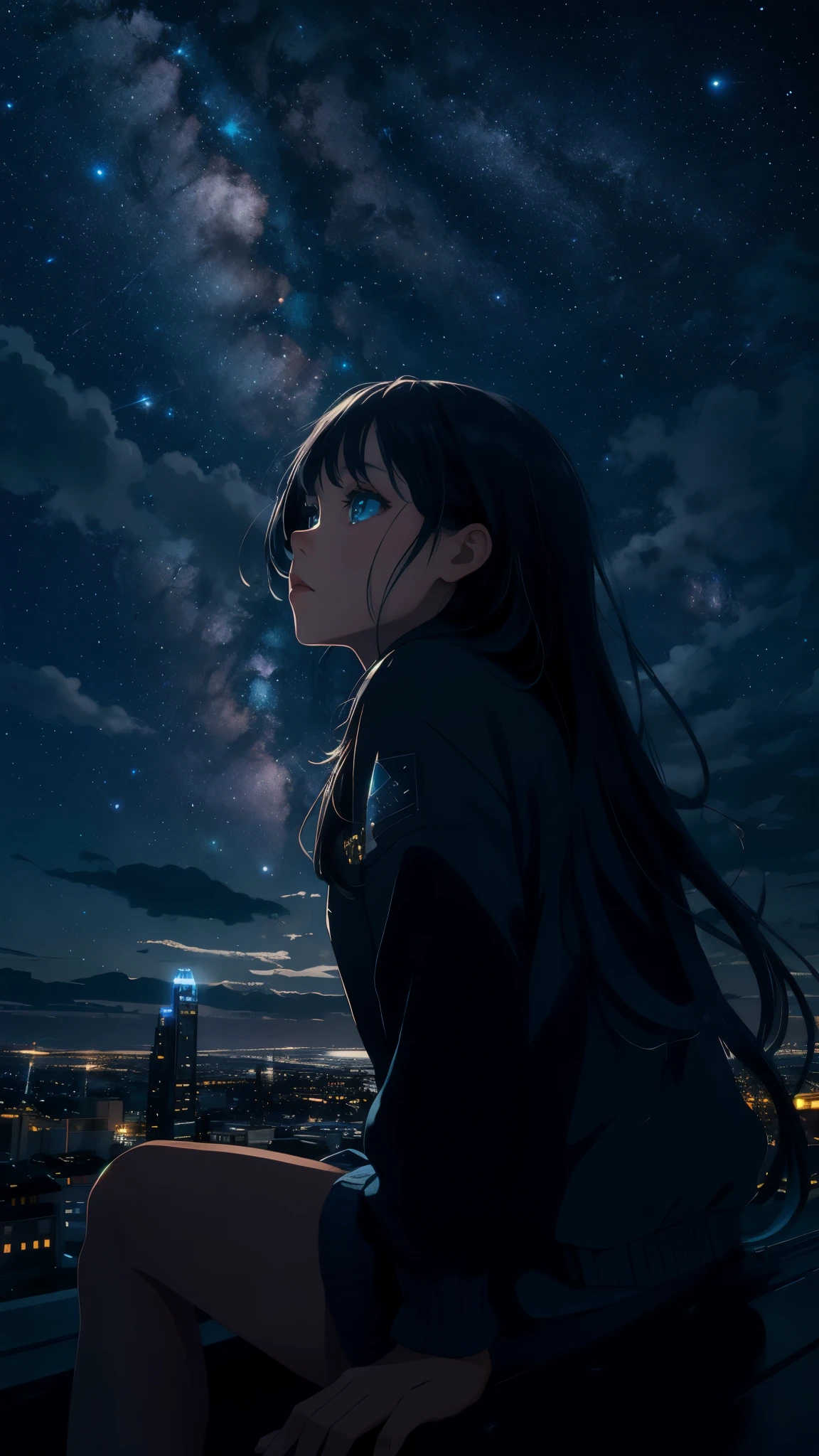 octans, sky, star (sky), scenery, starry sky, night, 1girl, night sky, solo, outdoors, signature, building, cloud, milky way, sitting, tree, long hair, city, silhouette, cityscape,masterpiece, best quality, ,halftone,cloud, light_particles, space, sky,water,girl,night