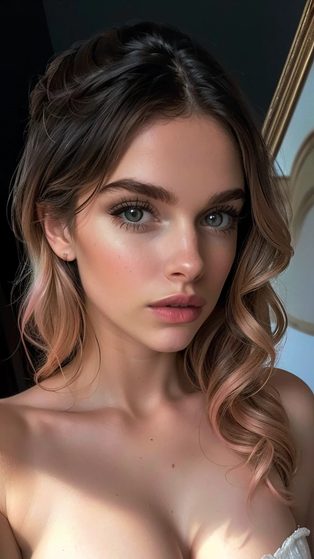 (((ultra realistic))) Photo, masterpiece, top quality, (pale skin), (Ultra detailed face and eyes:1.1), 1 girl, Adult, deep neckline, (Eye makeup, mascara) , ((large detailed lips)), ((pink wavy hair)), ((Chyolka)) , ((Natural breasts)). ((Posing)), photoshoot, studio ((contour light)), (The play of light and shadows), depth of field, bokeh, (special attention to skin detail: 1.2), (Light atmosphere of the frame, Pastel colors, Colours black), ((portrait, close to the camera)) , ultra detialed,