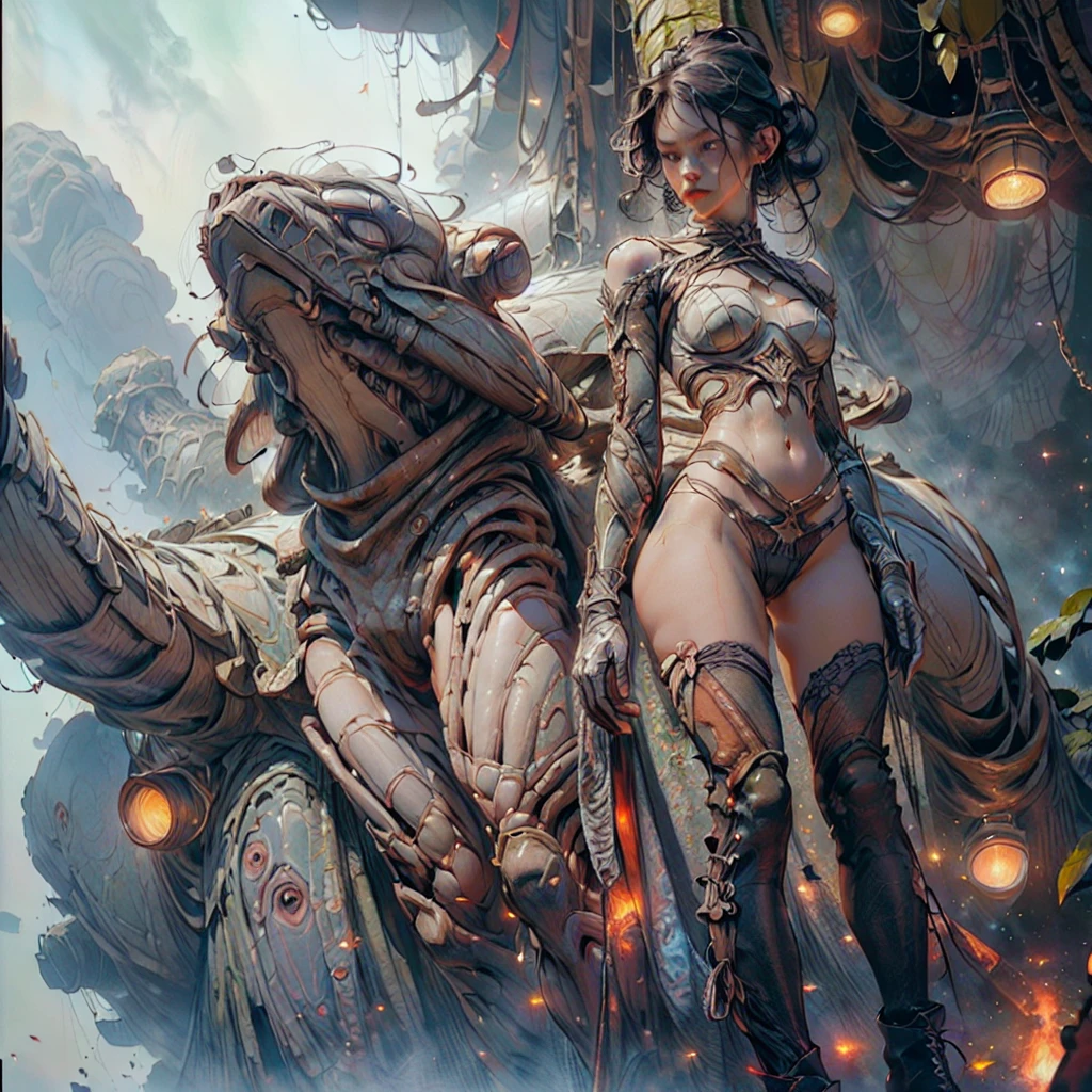 ((Create Odin girl +), (facing the viewer, standing close-up, full height), (smoke, fire), (thin graceful body, facing the viewer), (dynamic pose), (standing with legs wide apart) , (sexy), (delicate scarlet lips), (straight, black long hair), (small thong, short T-shirt, bare shoulders), (narrow hips, beautiful breasts))_((Artistic Stylization), (fantastic film- comic), (soft oil painting, digital painting), (elegant line, clear outline, high-quality drawing, shading))_((Simple color palettes), (color richness, saturation, harmony, balance), (background - dark, cold tones), (fantasy-horror, - cyberpunk, deep space, spaceship))_((Sexy, erotic), (hands in elbow pads, palms wearing tactical gloves), (bare thighs, thongs, bare belly-navel, minimal clothing ), (legs in combat knee pads, thigh-high stockings - sexy), (massive leather lace-up boots), (space design, dramatic scene, combat situation))_((Background, fantastic ship lock, (films; Lucas Arts, R.Sh. Giger "Alien", Giger's monsters, space monsters), (a stunning scene in a spaceship - "Alien" monsters), (warm contrasting light, cold shadows))_ ((Cinematic masterpiece, highest quality), (contrasting shadows, clear, bright light), (warm range of colors, contrasting light with cold shadows))_((Cinematic animation, ), (soft clear shapes, wide strokes, attention to detail), (16K | Ultra HD | Full HD)).