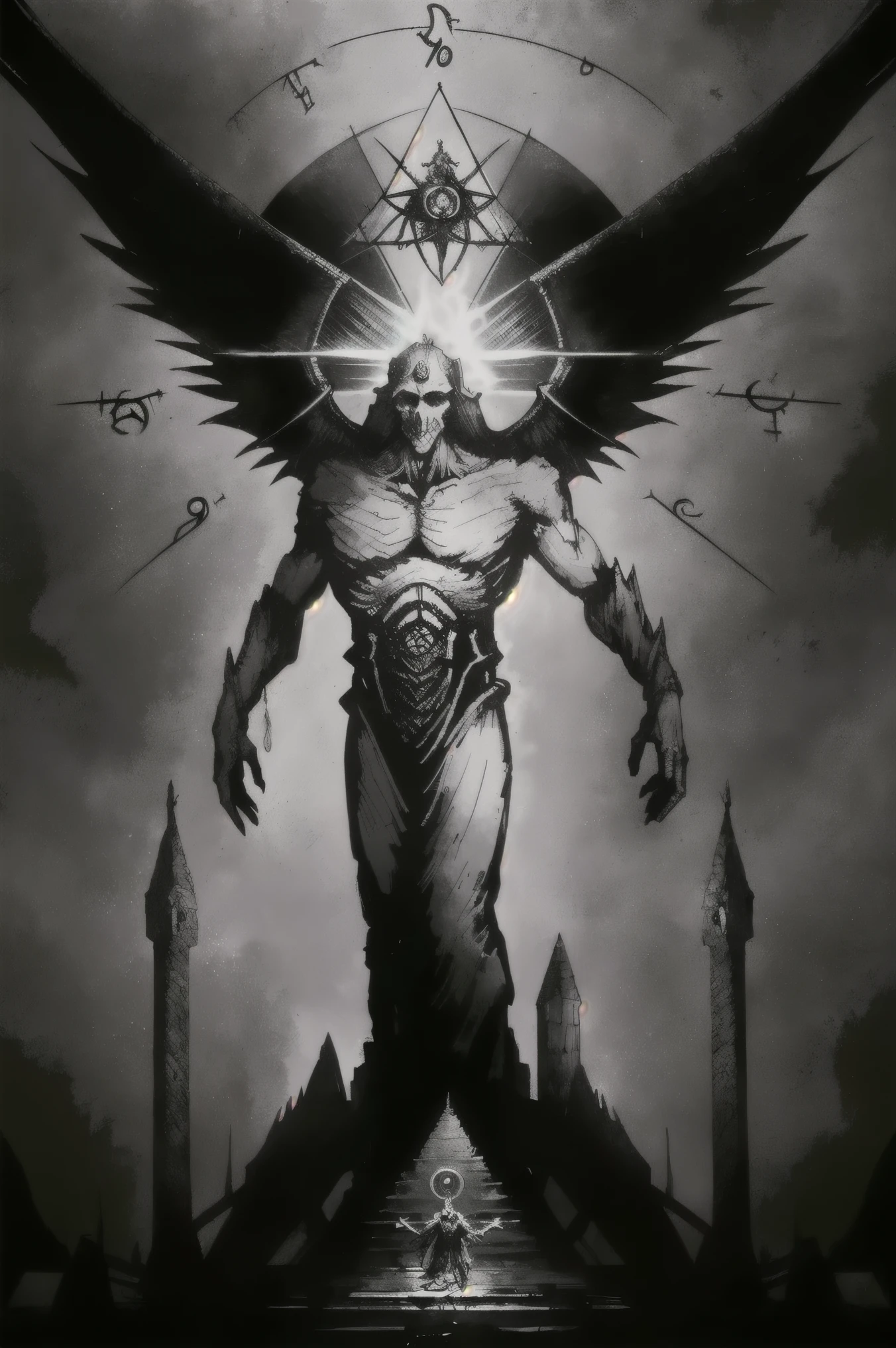 (best quality,realistic:1.37),Necronomicon Sketch:1.1,archangel holding a skull and a bible,seven-pointed stars,the Great Ultimate,fire,blood,by atbgams,zodiac symbols,pentagram,ancient manuscript,grunge texture,ominous atmosphere,hauntingly beautiful wings,dark colors,mystery,occult,ethereal halo,intense gaze,divine power,heavenly background,angelic aura,intense light and shadow,demonic presence,spiritual enlightenment,esoteric knowledge,profound wisdom,sacred geometry,vibrant energy,cosmic connection,eternal struggle,balance between good and evil,symbolic gestures,mesmerizing composition,supernatural forces,transcendent experience,hidden meanings,unearthly beauty,luminous details,otherworldly realm,mythical beings.