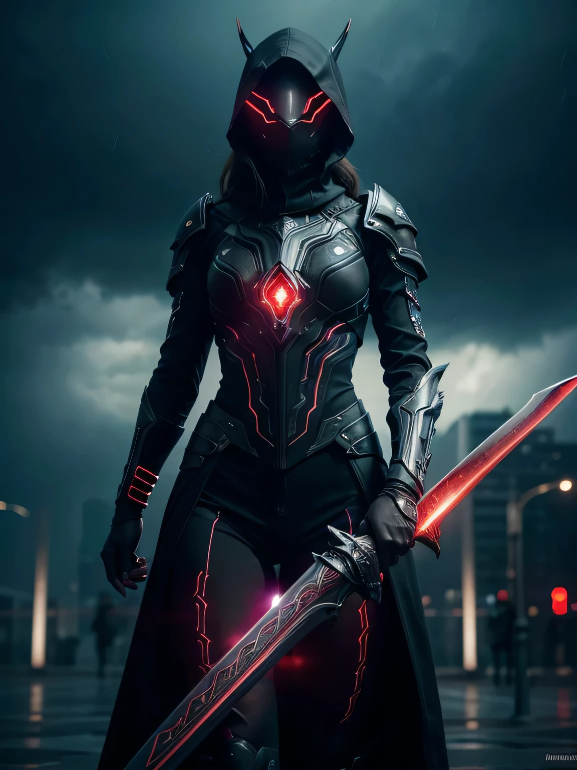 1 girl, WARFRAME, intricate pattern, heavy metal, energy lines, faceless, purple glowing eyes, elegant, intense, blood red and black uniform, solo, modern, city, streets, dark clouds, thunderstorm, heavy rain,, dramatic lighting,, (masterpiece:1.2), best quality, high resolution, beautiful detailed, extremely detailed, perfect lighting, (holding a red glowing sword)