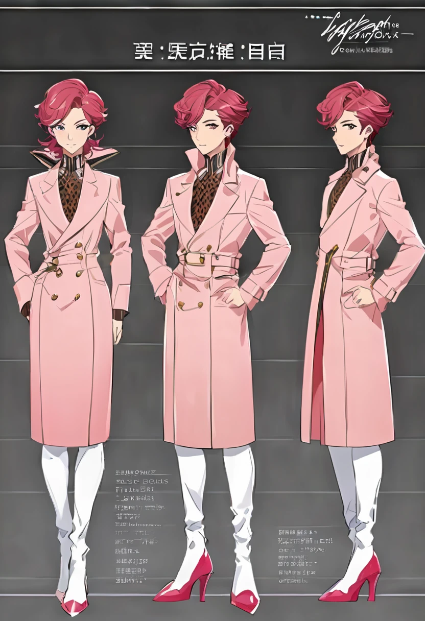 Generate this: Ying, the stylish gay male space detective, boasts a feminine structure with a thick bottom and flat chest, complemented by his signature ruby pink hair and light pink eyes. Bring Ying to life with a character sheet showcasing his fabulous outfit in a loop on the third style. Direct the AI to generate Ying's character in a consistent style, ensuring every iteration reflects his unique sense of fashion. Encourage the AI to incorporate more style and variety into Ying's wardrobe, including items such as trench coats, crop sweaters, and stylish platform heels or boots. These outfits should blend futuristic high-end fashion elements inspired by YSL and Louis Vuitton designs, exuding confidence and sophistication. It's crucial that the character remains consistent and expressive in each outfit iteration. Please ensure the 360 turnaround highlights every angle of his sleek ensemble. Thanks!"