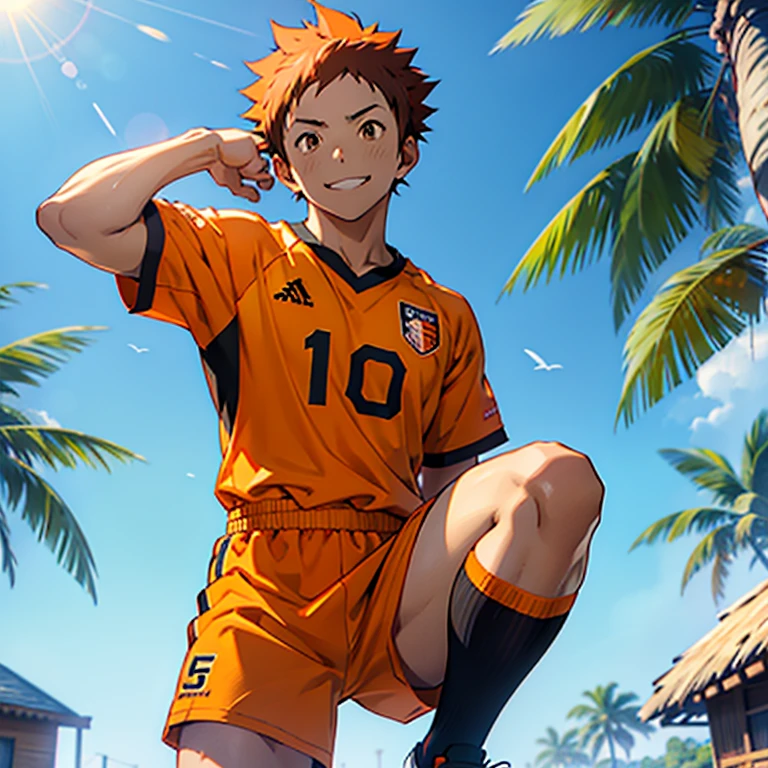 1 hombre, chico, adolescente, haikyuu, hinata shoyo, esbelto, bajo, pelo naranja, anaranjado, Brown eyes, sin playera, uniforme voleibol, camara desde abajo, cuclillas, piernas separadas, fondo soleado, ruborizado, sonrisa, HD, full color, muy detallista, rostro perfecto, obra maestra. Pelo naranja, pelirrojo