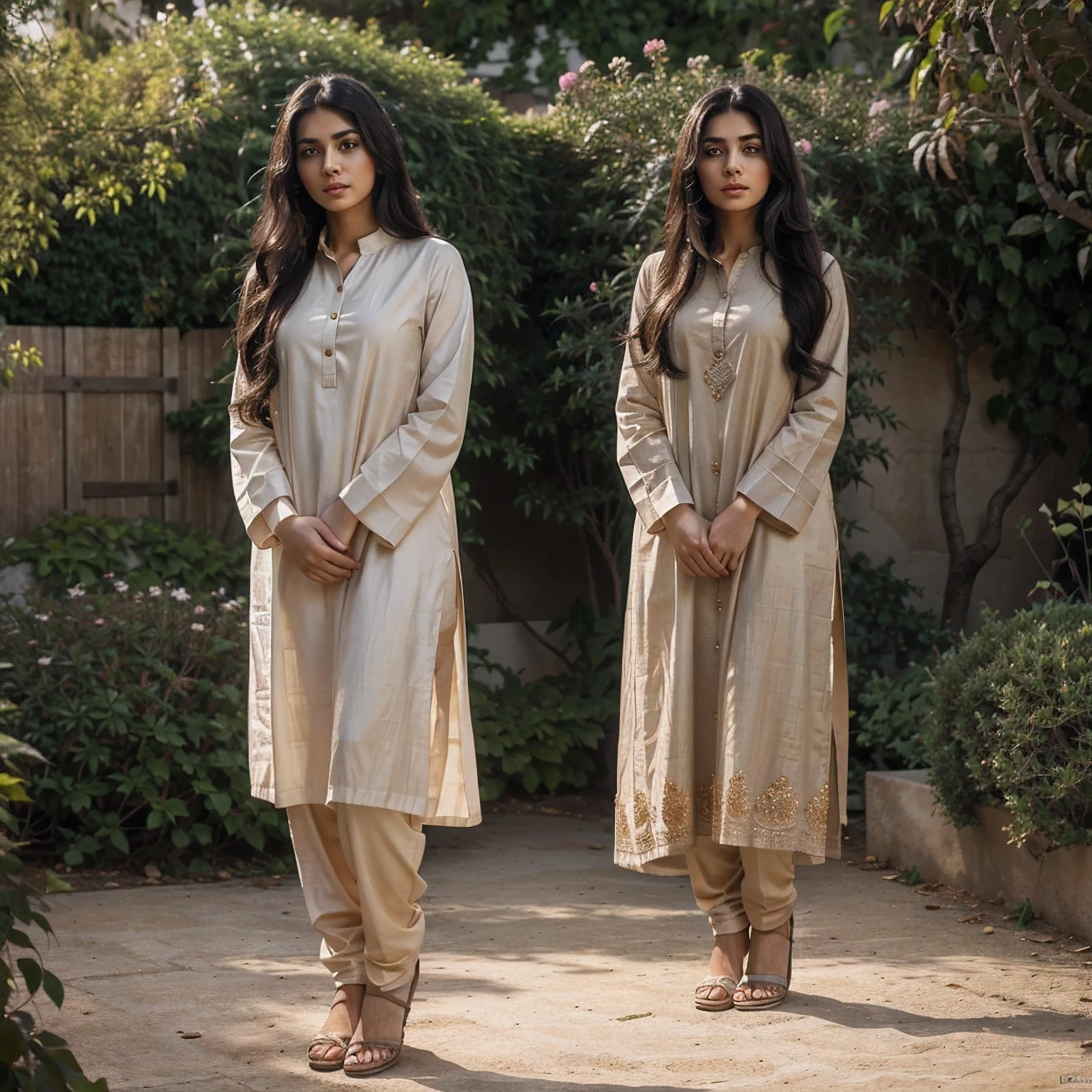 A photorealistic portrait of a 23-year-old Pakistani woman with black long hair and brown eyes, fair skin, wearing blach shalwar kameez, standing in a garden holding a rose. The focus should be on her natural beauty and the peaceful, serene setting around her. Full body shot, high detailed, 8k hdr, soft lighting to enhance her features.