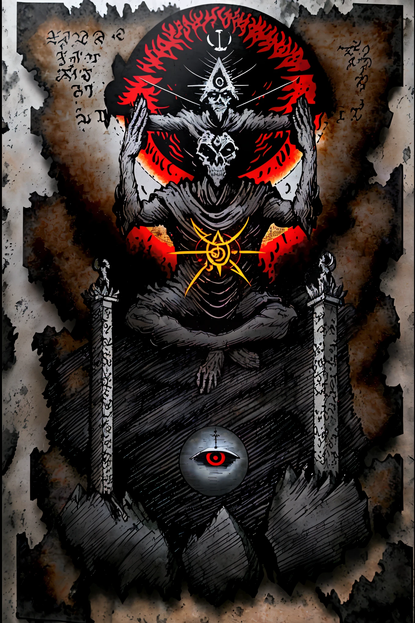 archangel holding a skull and a bible,seven-pointed stars,the Great Ultimate,fire,blood,by atbgams,zodiac symbols,(Necronomicon Sketch: 1.1),(best quality,4k,8k,highres,masterpiece:1.2),ultra-detailed,(realistic,photorealistic,photo-realistic:1.37),medium:B&W pencil sketch,detailed wings,glowing eyes,sacred aura,heavenly atmosphere,sacred ground,ancient scriptures,divine essence,flickering candlelight,dark shadows,mystical runes,ominous presence,ominous symbols,sinister undertones,demonic energy,surreal blend of light and darkness,ethereal serenity,profound mystery,zodiac constellations,scorched earth,sinister silhouette,dark clouds swirling,unearthly brilliance,mystic revelations,divine intervention,burning inferno,ancient prophecies,transcendent power,inverted crosses,ancient knowledge,forbidden secrets,cosmic harmony,divine balance,unleashing hidden forces,otherworldly presence,battle of good and evil,unearthly wisdom,apocalyptic visions,eternal damnation,salvation,ultimate truth,dark ritual,divine wrath,bone-chilling cold,blood-red moon,heavenly choir singing,divine inspiration,revealing the unseen,unleashing inner demons,shattering the boundaries of reality,visionary art.