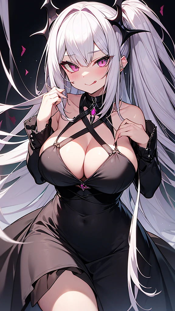 Silver Hair、Slanted Eyes、Pink Eyes、fair skin、Mouth open and tongue out、vampire、Ruthless smile、Black Dress、big breasts、darkness、Fight、insanity、murderous intent、cool、Ahegao、vampireの羽、Pulsating