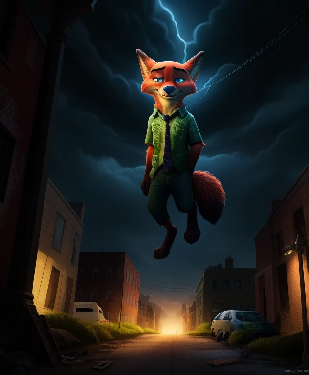 (best quality,4k,8k,highres,masterpiece:1.2),ultra-detailed,(realistic,photorealistic,photo-realistic:1.37),evil Nick Wilde with glowing red eyes,cruelly detailed eyes and face,menacing look,sharp fangs,full-body view,dark superhero suit with intricate patterns,mighty posture,ominous background,nighttime setting,sinister atmosphere,shadowy lighting,lit only by a dim streetlamp,gleaming moonlight casting eerie shadows,city streets adorned with graffiti and abandoned buildings,cityscape with a blend of modern and Gothic architecture,spiral staircase leading to a hidden underground lair,dark clouds looming overhead,whispers of danger carried by the wind,suspended air filled with suspense,gritty and sinister tone,vivid colors contrasted against the darkness,deep red hues dominating the scene,ominous glow emanating from Nick Wilde's eyes,exquisite attention to detail capturing every sinister feature,powerful and intense vibe permeating the artwork.