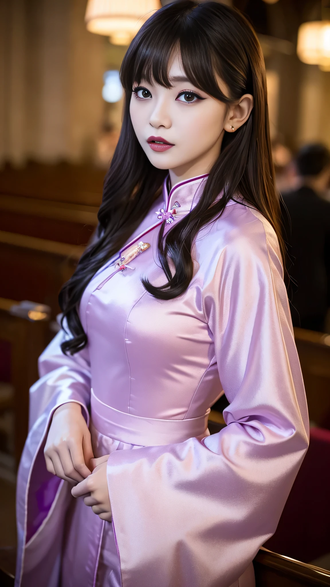 (Long lavender hair, Shining, reflective light，Light wind，Messy), (Purple eyes, vibrant, Glowing), fond violet,Sexy openwork cheongsam， Cinematic lighting