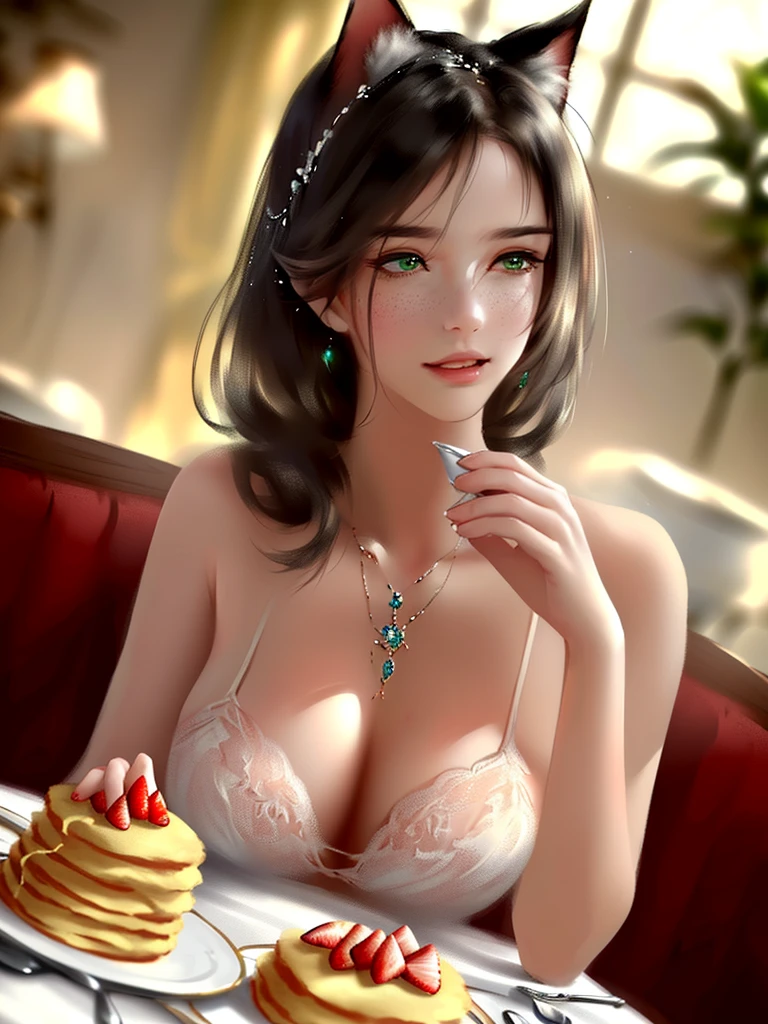 anime style, super fine illustration, highly detailed, dynamic angle, beautiful detailed, 8k, In a cafe where morning sunlight streams through the window, a plate of fluffy pancakes topped with strawberries, whipped cream, and a generous dusting of powdered sugar sits on the table. A woman eats them with a happy expression, her impressionable happiness drawing the attention of those around her.very good illustration, High detail, dynamic angle, beautiful detailing,2D, (Best quality, masterpiece, Beauty, tenderness), Anime, Highly detailed face, very detailed eyes, very detailed background, Ideal lighting, Whole body, 1 girl, One, (Very detailed cat ears), (Very detailed ears behind the hair), Pink dress, green eyes, Finely detailed eyes, ears covered with hair,