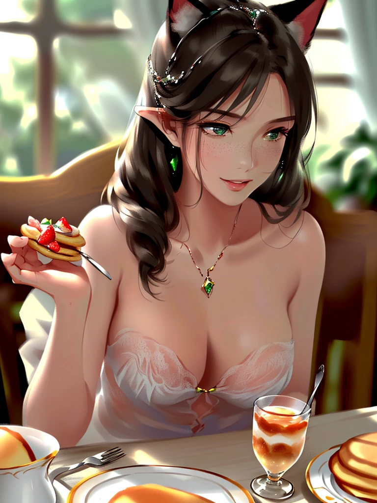 anime style, super fine illustration, highly detailed, dynamic angle, beautiful detailed, 8k, In a cafe where morning sunlight streams through the window, a plate of fluffy pancakes topped with strawberries, whipped cream, and a generous dusting of powdered sugar sits on the table. A woman eats them with a happy expression, her impressionable happiness drawing the attention of those around her.very good illustration, High detail, dynamic angle, beautiful detailing,2D, (Best quality, masterpiece, Beauty, tenderness), Anime, Highly detailed face, very detailed eyes, very detailed background, Ideal lighting, Whole body, 1 girl, One, (Very detailed cat ears), (Very detailed ears behind the hair), Pink dress, green eyes, Finely detailed eyes, ears covered with hair,