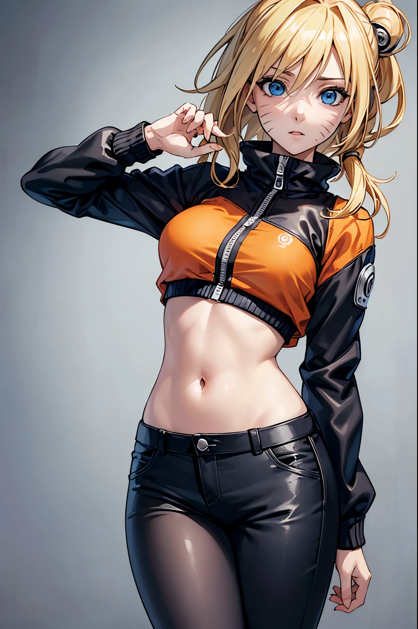 (masterpiece, best quality:1.2), expressive eyes, perfect face, highres, 1girl, solo, (female:1.5), NarukoUzumaki, blue eyes, blonde hair, long hair, facial mark, whisker markings, short hair, long sleeves, jacket, opened jacket, (naruto outfit), midriff, orange-black jacket, mesh shirt, pants, black pants, standing, upper body, looking at the viewer