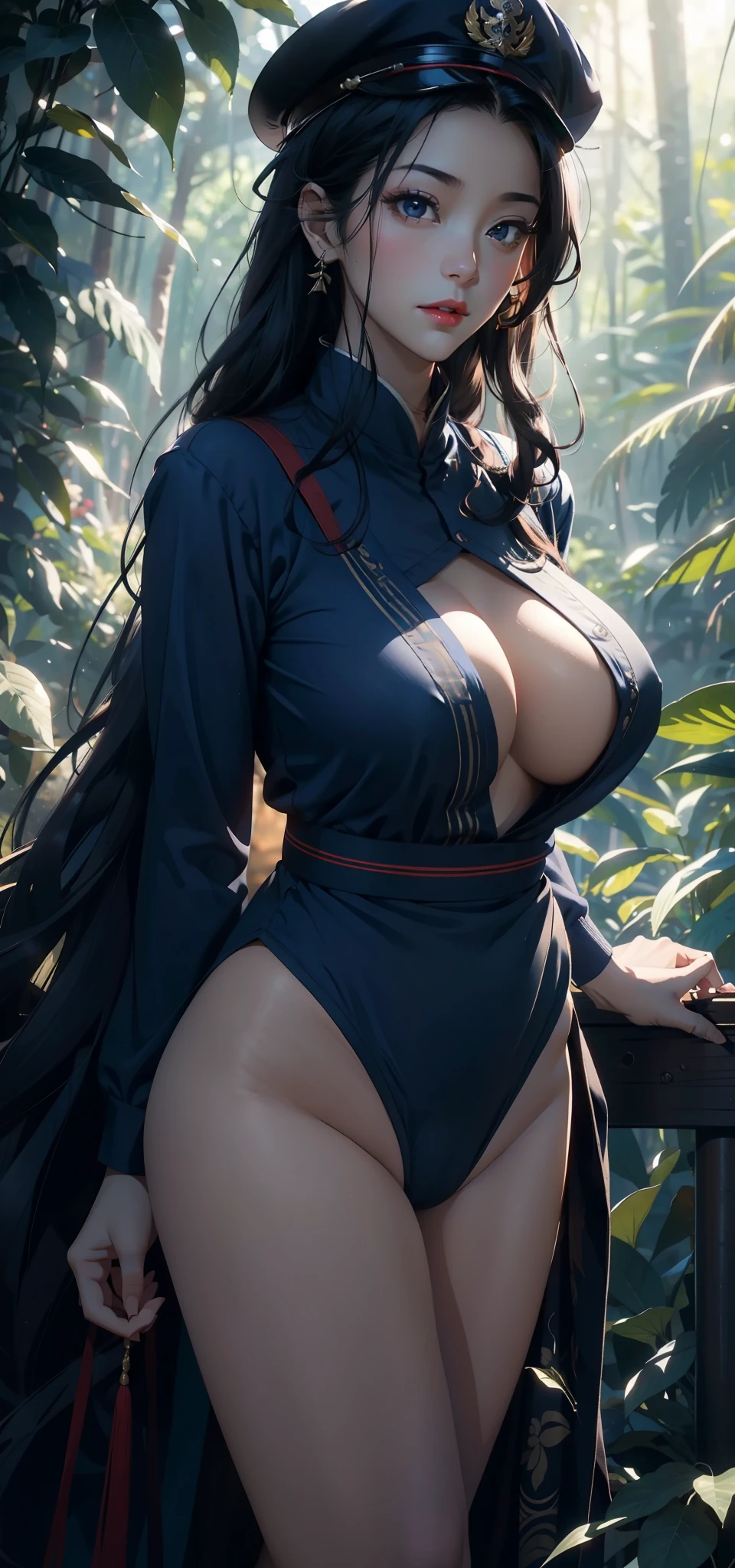 1 female,45 years old,Married woman,milf,Large Breasts,Long legs,Big breasts and thin waist, 照片曝Light, solitary,(background:In the woods,rainforest,In the summer) She has long black hair,Red lips,stand up,Front view, OK, The sky is cloudy,(((masterpiece),(Highly detailed CG Unity 8k wallpaper),最OK质量,Light,详细background,beautiful eyes,(very delicate and beautiful),(Beautiful and detailed description of the eyes),Ultra Detailed,masterpiece,)),face camera,high resolution,Ultra Detailed),Exposing breasts,Exposing genitals, Convex,Camel toe,Sexy bulge,Japanese Navy(wear:blue sailor suit,Military cap)