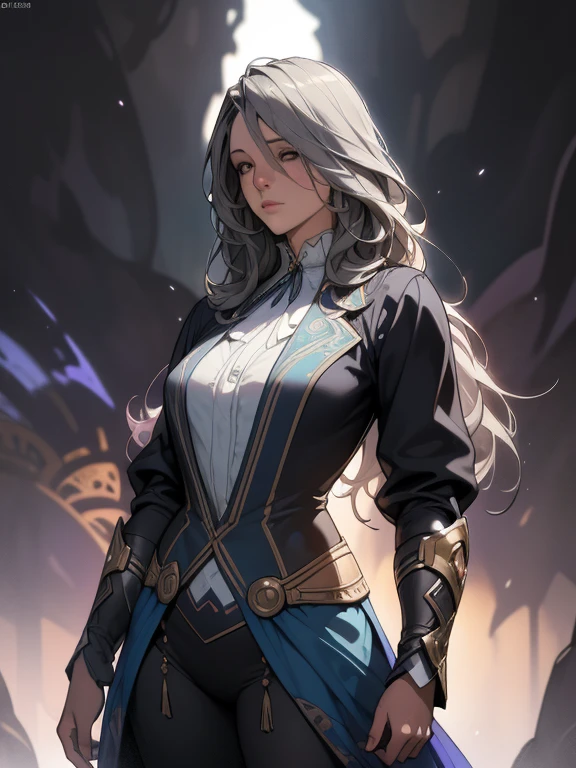 Surreal female character art by David Hockney and Alphonse Mucha, Fantasy art, Realistic art, Dynamic Lighting, Art Station, Volumetric lighting, Highly detailed face, 8k,Full HD, Awards,, 1 girl, In the Dark, Deep Shadow, moderate, Cowboy Shot, (Official Costume: 1.4), Long Hair, Gray Hair, Black Light Hair