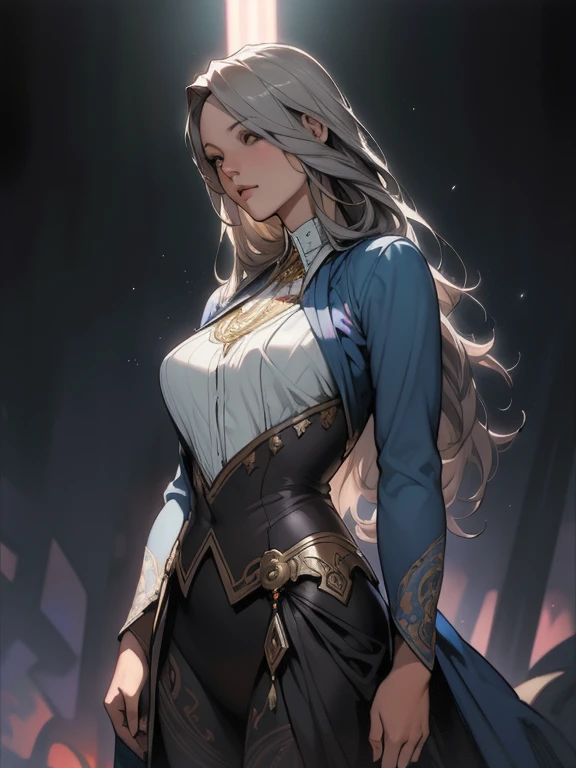 Surreal female character art by David Hockney and Alphonse Mucha, Fantasy art, Realistic art, Dynamic Lighting, Art Station, Volumetric lighting, Highly detailed face, 8k,Full HD, Awards,, 1 girl, In the Dark, Deep Shadow, moderate, Cowboy Shot, (Official Costume: 1.4), Long Hair, Gray Hair, Black Light Hair
