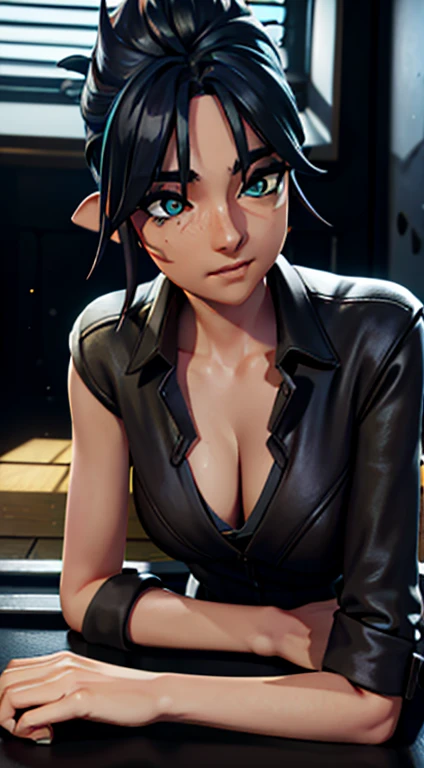 a woman with blue hair and a black jacket, beautiful natural lighting, yellow eye, pretty clothing!, 1 9 th, natural short hair, beautiful goddess, sultry look, light borwn hair, wear's beige shirt, morning light, looking exhausted, ultra detailed, best quality, expressive eyes, perfect face,