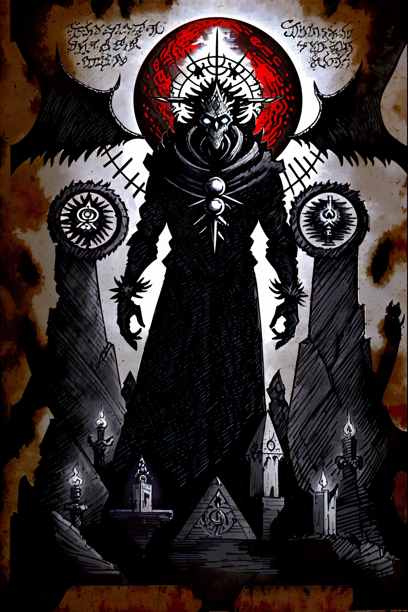 archangel holding a skull and a bible,seven-pointed stars,the Great Ultimate,fire,blood,by atbgams,zodiac symbols,(Necronomicon Sketch: 1.1),(best quality,4k,8k,highres,masterpiece:1.2),ultra-detailed,(realistic,photorealistic,photo-realistic:1.37),medium:B&W pencil sketch,detailed wings,glowing eyes,sacred aura,heavenly atmosphere,sacred ground,ancient scriptures,divine essence,flickering candlelight,dark shadows,mystical runes,ominous presence,ominous symbols,sinister undertones,demonic energy,surreal blend of light and darkness,ethereal serenity,profound mystery,zodiac constellations,scorched earth,sinister silhouette,dark clouds swirling,unearthly brilliance,mystic revelations,divine intervention,burning inferno,ancient prophecies,transcendent power,inverted crosses,ancient knowledge,forbidden secrets,cosmic harmony,divine balance,unleashing hidden forces,otherworldly presence,battle of good and evil,unearthly wisdom,apocalyptic visions,eternal damnation,salvation,ultimate truth,dark ritual,divine wrath,bone-chilling cold,blood-red moon,heavenly choir singing,divine inspiration,revealing the unseen,unleashing inner demons,shattering the boundaries of reality,visionary art.