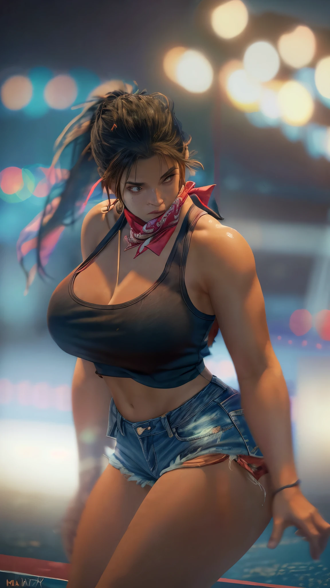 gtluc, a woman,ponytail,red bandana, black tank top,denim shorts,miami,masterpiece,8k,bokeh,volumetric lighting,rim lighting,soft lighting,cinematic,sharp, extreme dof, large breasts, thick thighs 