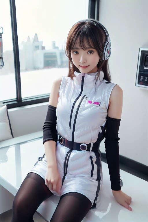((NSFW: 1.4)), ((Detailed face, Professional photography)), ((NSFW, zettai ryouiki, 1 girl)), Ultra-high resolution, (Realistic: 1.4), RAW Photos, highest quality, (PhotoRealistic Stick), concentrated, Soft Light, ((30 years old)), ((Japanese)), (( (Young Face))), (surface), (Depth of written boundary), masterpiece, (Realistic),(inside ISS):3, woman, ,astrovest:2,headphone:2,smartwatch,,bangs, ((1 girl)),(black sleeves):2,(black tights):2,inside spacestation,inside spacecraft,,zero gravity,smile,open leg,blush:1.5,hidden hands,neotech