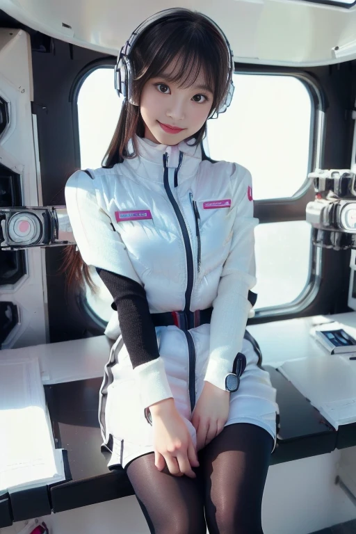 ((NSFW: 1.4)), ((Detailed face, Professional photography)), ((NSFW, zettai ryouiki, 1 girl)), Ultra-high resolution, (Realistic: 1.4), RAW Photos, highest quality, (PhotoRealistic Stick), concentrated, Soft Light, ((30 years old)), ((Japanese)), (( (Young Face))), (surface), (Depth of written boundary), masterpiece, (Realistic),(inside ISS):3, woman, ,astrovest:2,headphone:2,smartwatch,,bangs, ((1 girl)),(black sleeves):2,(black tights):2,inside spacestation,inside spacecraft,,zero gravity,smile,open leg,blush:1.5,hidden hands,neotech