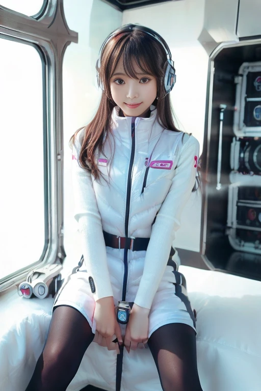 ((NSFW: 1.4)), ((Detailed face, Professional photography)), ((NSFW, zettai ryouiki, 1 girl)), Ultra-high resolution, (Realistic: 1.4), RAW Photos, highest quality, (PhotoRealistic Stick), concentrated, Soft Light, ((30 years old)), ((Japanese)), (( (Young Face))), (surface), (Depth of written boundary), masterpiece, (Realistic),(inside ISS):3, woman, ,astrovest:2,headphone:2,smartwatch,,bangs, ((1 girl)),(black sleeves):2,(black tights):2,inside spacestation,inside spacecraft,,zero gravity,smile,open leg,blush:1.5,hidden hands,neotech