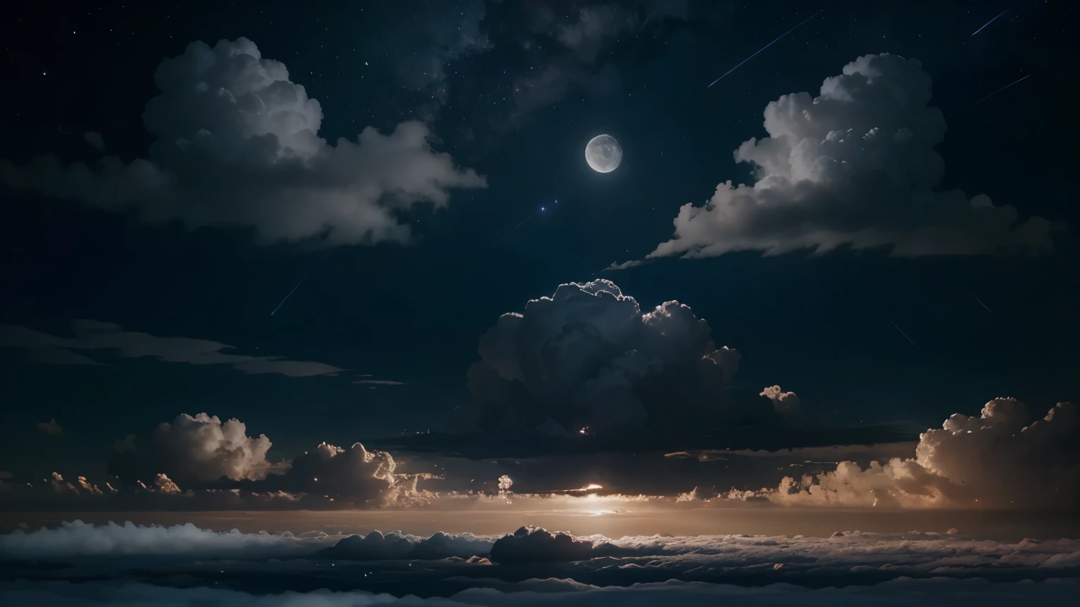 Generate an anime-style illustration of a night sky filled with clouds. The scene should depict a tranquil nighttime atmosphere with the moon partially obscured by drifting clouds.
The sky should be dominated by layers of dark, billowing clouds, illuminated by the soft glow of the moon peeking through gaps in the cloud cover. Create depth in the image by varying the density and opacity of the clouds, with some areas appearing thicker and more opaque while others are more transparent.
Incorporate subtle hints of starlight twinkling in the background, adding to the magical ambiance of the scene. Avoid depicting any artificial light sources, maintaining a focus on the natural beauty of the nighttime sky.
Utilize a color palette consisting of deep blues, purples, and grays, with the moon casting a gentle silver glow on the clouds. Capture the sense of mystery and serenity that comes with gazing up at the night sky.
Style Reference: Anime-inspired with a focus on atmospheric perspective, detailed cloud formations, and a sense of nighttime tranquility.