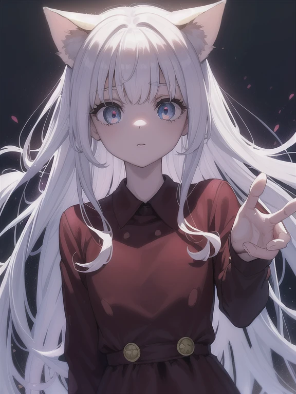 neferpitou, neferpitou, cabello corto, (ojos rojos:1.5), mangas largas, orejas de animales, cola, pelo blanco, bermudas, orejas de gato, cat cola, Pelo RIZADO, (little mom:1.2), ROMPER looking at viewer, ROMPER outside, ROMPER (Obra maestra:1.2), mejor calidad, high resolution, fondo de pantalla de unidad 8k, (illustration:0.8), (beautiful decolaed eyes:1.6), extremely decolaed face, Perfect lighting, extremely decolaed CG, (manos perfectas, perfect anatomy),