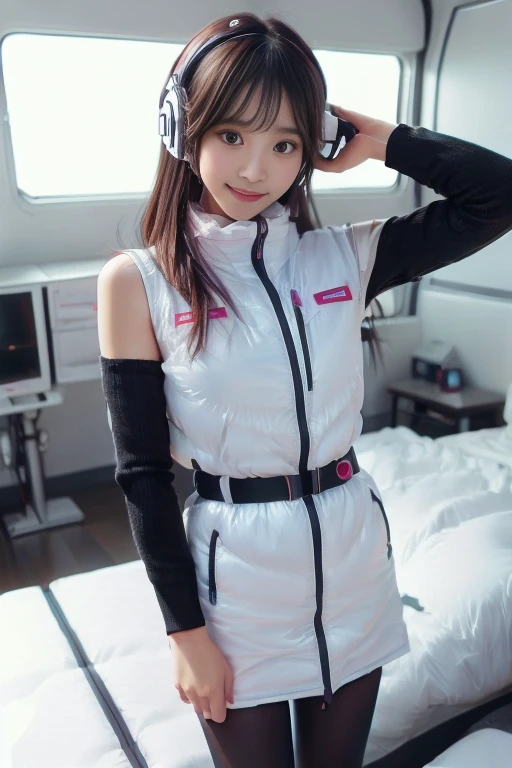 ((NSFW: 1.4)), ((Detailed face, Professional photography)), ((NSFW, zettai ryouiki, 1 girl)), Ultra-high resolution, (Realistic: 1.4), RAW Photos, highest quality, (PhotoRealistic Stick), concentrated, Soft Light, ((30 years old)), ((Japanese)), (( (Young Face))), (surface), (Depth of written boundary), masterpiece, (Realistic),(inside ISS):3, woman, ,astrovest:2,headphone:2,smartwatch,,bangs, ((1 girl)),(black sleeves):2,(black tights):2,inside spacestation,inside spacecraft,,zero gravity,smile,open leg,blush:1.5,hidden hands,neotech