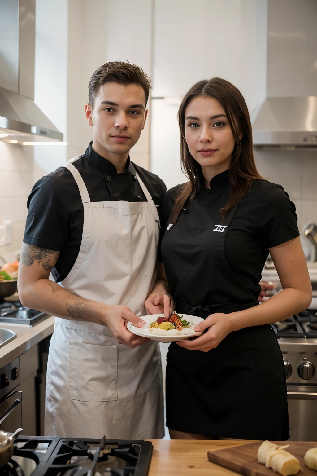 ((best quality)), ((masterpiece)), (detailed), perfect face
"Looking for the perfect duo to represent your culinary journey? How about a dynamic pair: a skilled male chef and a charming female waitress. Picture this: the chef, dressed in a sleek black chef's uniform, exudes confidence and expertise in the kitchen. Beside him, the waitress shines in a stylish black mini apron, adding a touch of elegance to your dining ambiance. Together, they embody professionalism and passion for the culinary craft. Capture the essence of fine dining with this captivating image duo, perfect for showcasing.