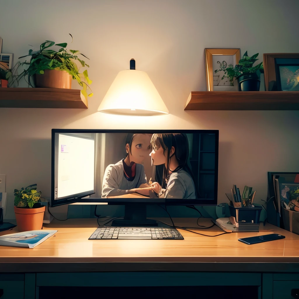 Take a first-person view image of someone watching a horror movie on their computer above their desk., On his desk there is a lamp that illuminates and also a plant, and on the wall some strange paintings