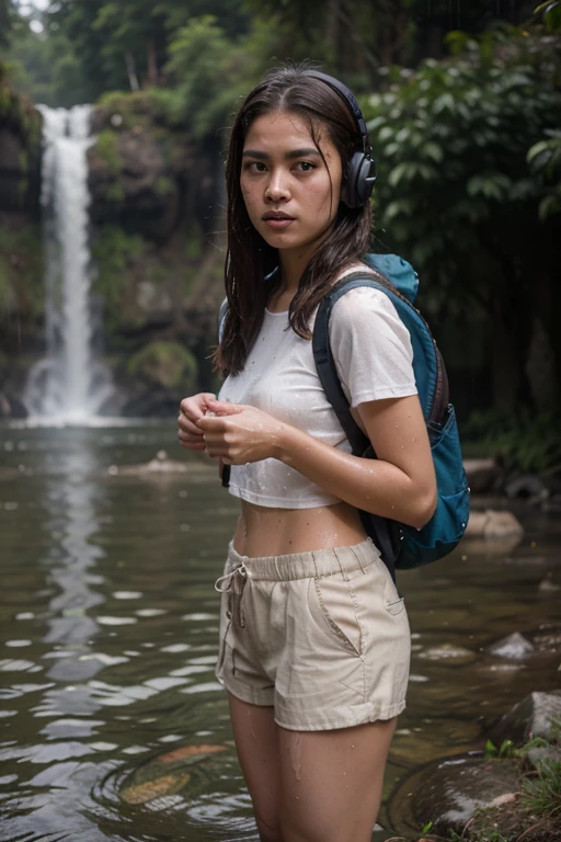 create a hyper realistic image of a 20 years old indonesia girl wear a white shirt soak in water on the river, carrying backpack, brown tactical short pant, boot shoes, headphone around neck, holding a digital camera, waterfall background, rainy weather, top angle, front view, wet shirt effect, rain effect