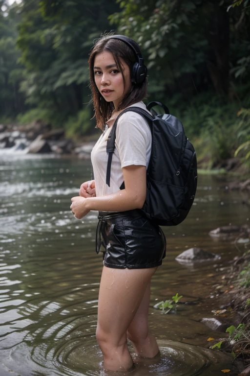 create a hyper realistic image of a 20 years old indonesia girl wear a white shirt soak in water on the river, carrying backpack, brown tactical short pant, boot shoes, headphone around neck, holding a digital camera, waterfall background, rainy weather, top angle, front view, wet shirt effect, rain effect