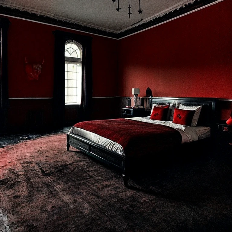Very spacious room,Horror,dark,luxury,bed,Red Wall,Nobody is here