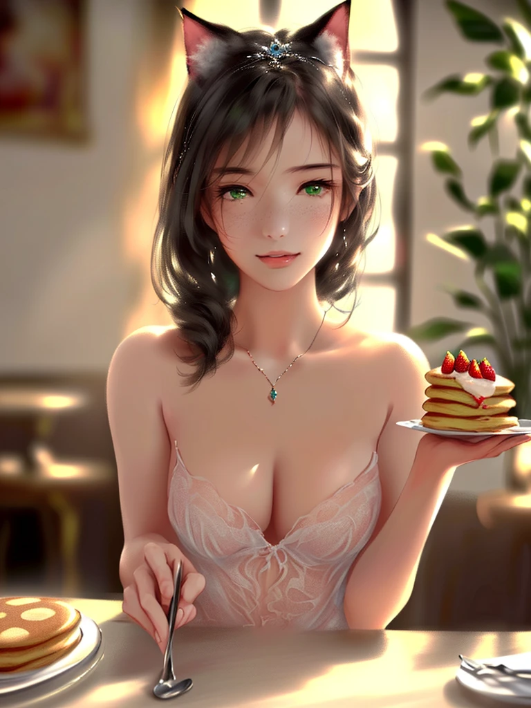 anime style, super fine illustration, highly detailed, dynamic angle, beautiful detailed, 8k, In a cafe where morning sunlight streams through the window, a plate of fluffy pancakes topped with strawberries, whipped cream, and a generous dusting of powdered sugar sits on the table. A woman eats them with a happy expression, her impressionable happiness drawing the attention of those around her.very good illustration, High detail, dynamic angle, beautiful detailing,2D, (Best quality, masterpiece, Beauty, tenderness), Anime, Highly detailed face, very detailed eyes, very detailed background, Ideal lighting, Whole body, 1 girl, One, (Very detailed cat ears), (Very detailed ears behind the hair), Pink dress, green eyes, Finely detailed eyes, ears covered with hair,