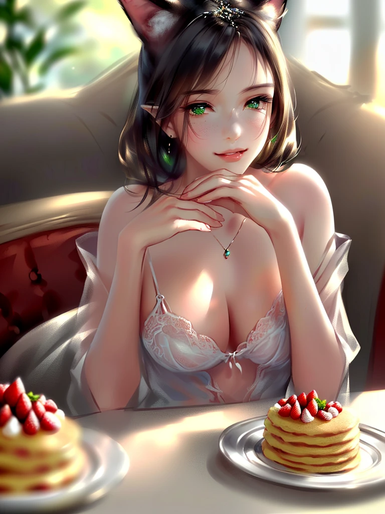 anime style, super fine illustration, highly detailed, dynamic angle, beautiful detailed, 8k, In a cafe where morning sunlight streams through the window, a plate of fluffy pancakes topped with strawberries, whipped cream, and a generous dusting of powdered sugar sits on the table. A woman eats them with a happy expression, her impressionable happiness drawing the attention of those around her.very good illustration, High detail, dynamic angle, beautiful detailing,2D, (Best quality, masterpiece, Beauty, tenderness), Anime, Highly detailed face, very detailed eyes, very detailed background, Ideal lighting, Whole body, 1 girl, One, (Very detailed cat ears), (Very detailed ears behind the hair), Pink dress, green eyes, Finely detailed eyes, ears covered with hair,