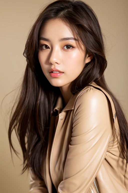 Photo portrait of a beautiful 23 year old Asian woman she has brown hair brown eyes and lightly tanned skin. She is wearing a leather jacket