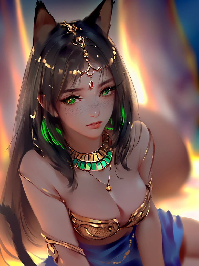 very good illustration, High detail, dynamic angle, beautiful detailing,2D, (Best quality, masterpiece, Beauty, tenderness), Anime, Highly detailed face, very detailed eyes, very detailed background, Ideal lighting, Whole body, full length, is sitting, 1 girl, One, (Very detailed cat ears), (Very detailed ears behind the hair)? Goddess Bastet, Ancient Egypt \(Очень подробный Ancient Egyptian\), Very detailed clothes, green eyes, Finely detailed eyes, ears covered with hair, (Very detailed background)