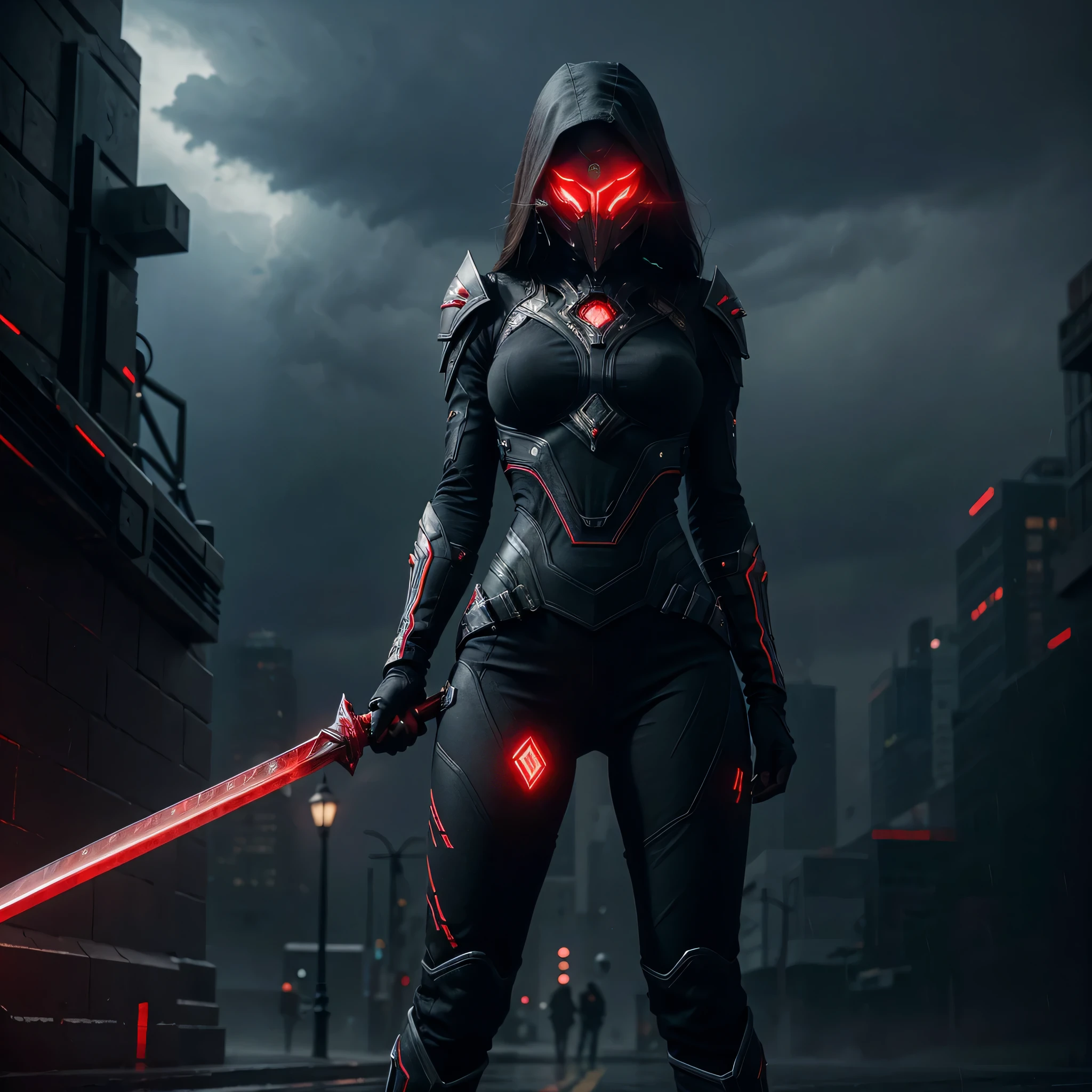1 girl, WARFRAME, intricate pattern, heavy metal, energy lines, faceless, purple glowing eyes, elegant, intense, blood red and black uniform, solo, modern, city, streets, dark clouds, thunderstorm, heavy rain,, dramatic lighting,, (masterpiece), best quality, high resolution, beautiful detailed, extremely detailed, perfect lighting, (holding a red glowing sword), ((facing a warrior)), perfect legs