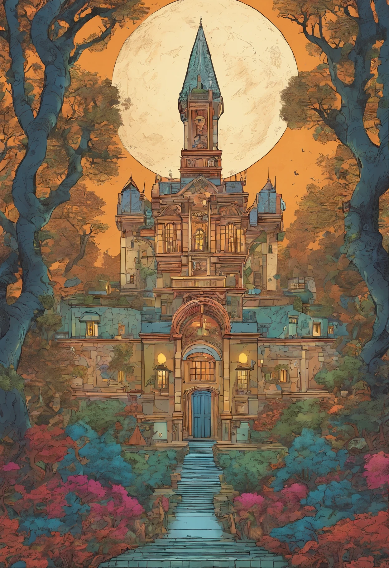 /imagine prompt: In the heart of an enigmatic forest, a hidden library stands tall and majestic, its walls adorned with ornate symbols and cryptic engravings. Within its ancient corridors, countless tales of mystery and intrigue await discovery. An aura of secrets and whispers lingers in the air, inviting those who dare to step inside and uncover the hidden truths. As the moon rises high above the whispering trees, the enigmatic Library of Mysteries beckons all to embark on a captivating journey through its mesmerizing collection of enigmatic stories.