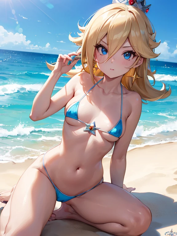 Rosalina, usando un bikini sexy, micro bikini, bikini cayendo de su cuerpo, pelo rubio, blue eyes, pelo sobre un ojo, pelo largo, small breasts, microfalda, parte inferior de sus senos expuesta, blusa levantada mostrando parte de sus senos, vientre expuesto, corona, pendientes, joyas, princesa, star pendientes, mirando al espectador, mejor calidad, high resolution, (hermosos ojos detallados: 1.6), cara extremadamente detallada, CG extremadamente detallado, (manos perfectas, perfect anatomy),