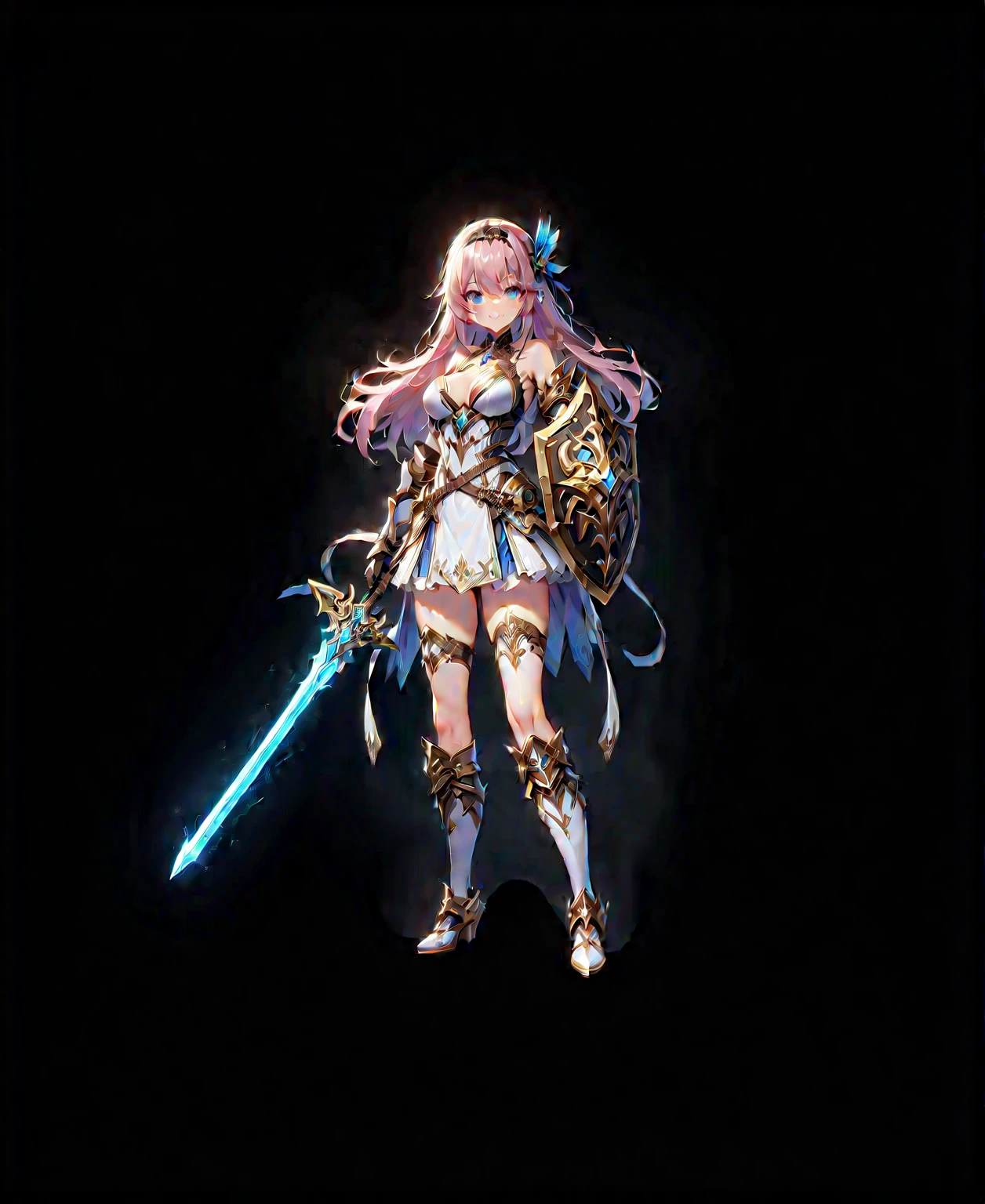 masterpiece, best quality, 1girl, weapon, solo, sword, blue-eyes, long-hair, braid, boots, shield, pink-hair, breasts, twin-braids, smile, open-mouth, cleavage, black-background, choker, large-breasts, full-body, bare-shoulders, looking-at-viewer, simple-background, hairband, blush, armor, gloves, dress, knee-boots, medium-breasts, standing, ((Perfect-face))