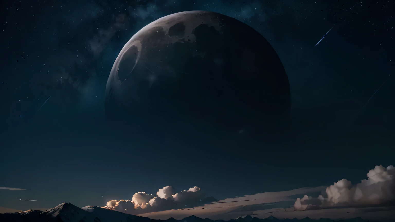 Generate an anime-style illustration of a clear night sky. The scene should depict a serene nighttime atmosphere with a star-filled sky and a crescent moon shining brightly.
The sky should be a deep, rich blue, gradually fading to black near the horizon. Populate the sky with countless twinkling stars, varying in size and brightness to create a sense of depth and wonder.
Position a crescent moon in the upper portion of the image, casting a soft, silver glow on the surrounding sky. The moon should be partially obscured by wispy clouds, adding to the ethereal beauty of the scene.
Avoid including any artificial light sources, maintaining a focus on the natural splendor of the night sky. Capture the quiet stillness and sense of awe that comes with gazing up at the stars on a clear night.
Utilize a color palette consisting of deep blues, purples, and silver tones, with subtle gradients to convey the transition from dusk to darkness.
Style Reference: Anime-inspired with a focus on intricate star patterns, subtle cloud formations, and a sense of nighttime tranquility.