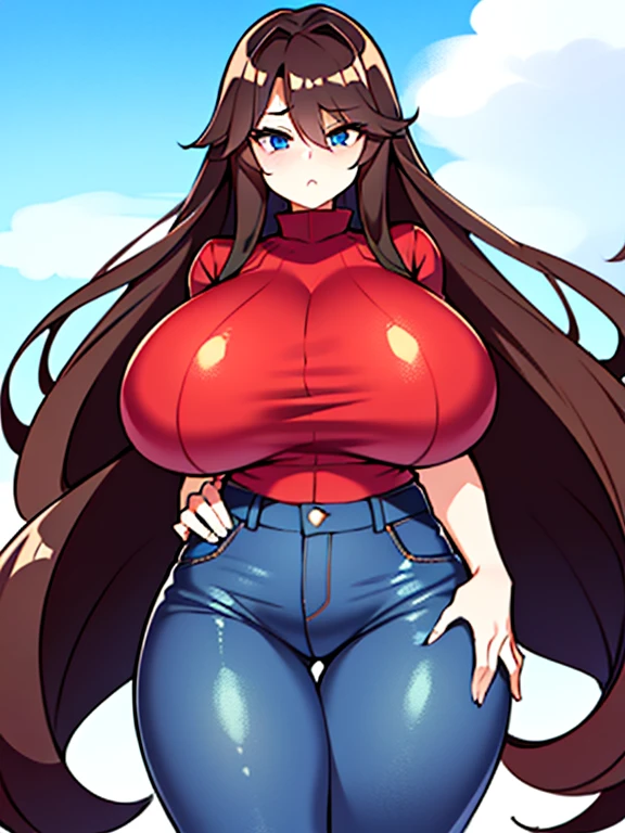 A Ridiculously Excessively Busty Girl, with (the Biggest, most Gigantic, Incredibly Enormous, Overwhelmingly Magnificently Excessively Massive Breasts). Long Dark-Brown hair, Beautiful Blue eyes, Intensely Massive Thighs, Standing outside, in a Very-Tight outfit, with a Red Shirt, and worn Jeans being ripped by the Massiveness of her thighs,